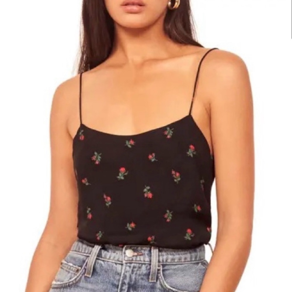 Reformation Black Tank with Rose Floral Pattern